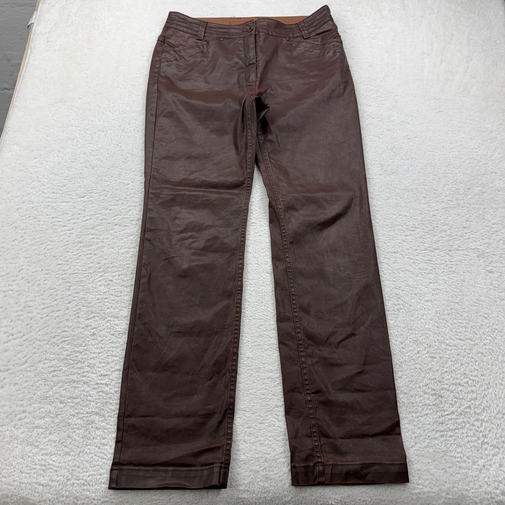 Bianca Brown Coated Straight Leg Pants Womens 10 US Waxy‎ Leather Look Trousers